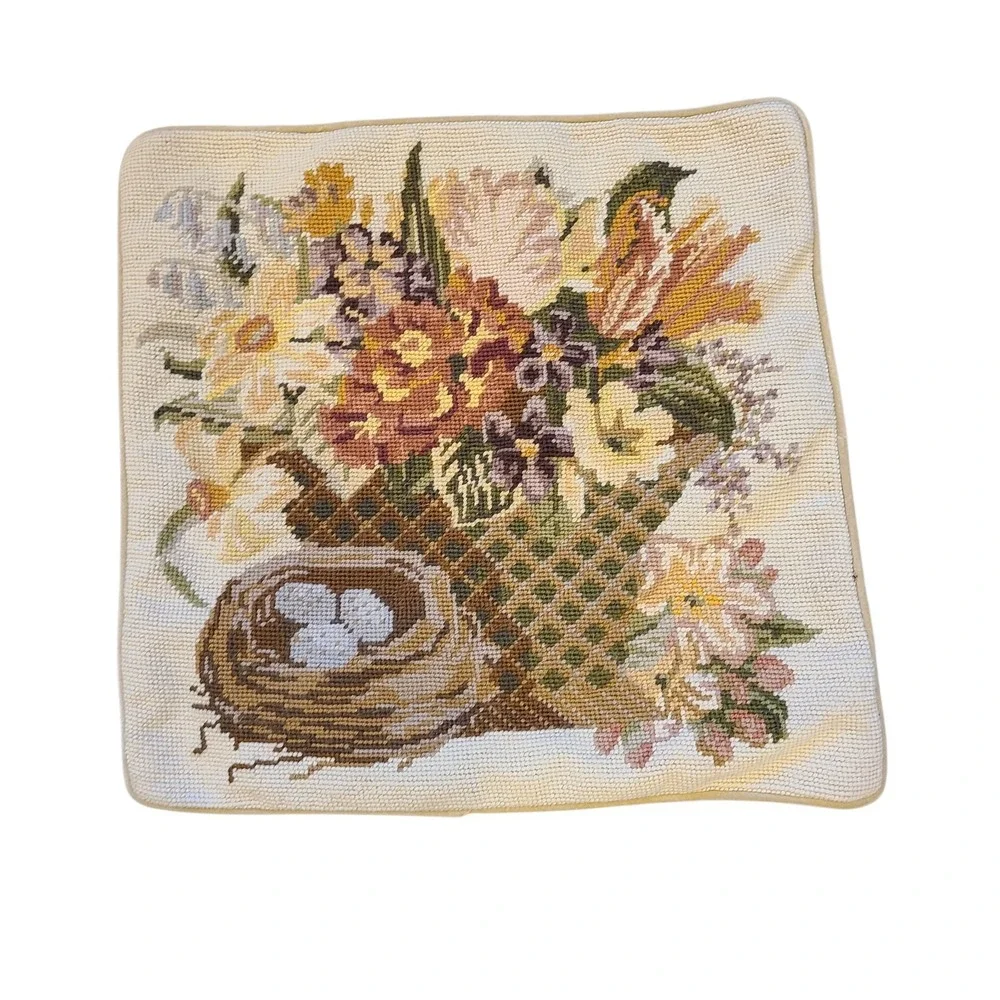 VTG Set of 2 Floral Needlepoint Pillow Covers Velvet‎ Backed Zipper (no inserts)